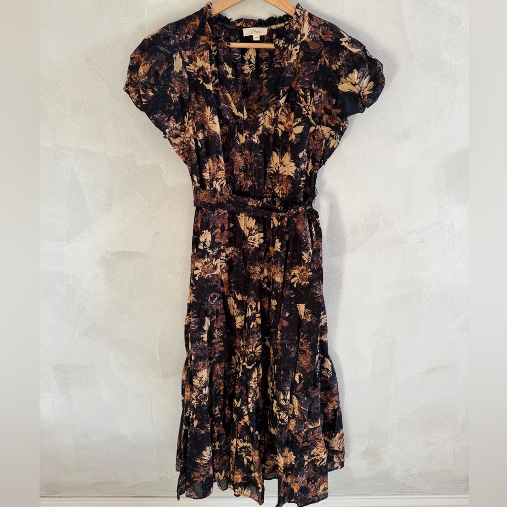 Elan - Black Floral Print Midi Dress with Waist Tie (NWOT)
